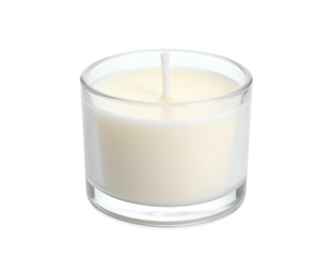 Close-up of a short, cylindrical candle in a clear glass container