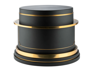 A cylindrical pedestal with black and gold accents, lit, isolated against a dark background
