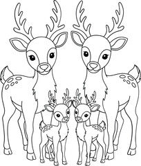Charming outline drawing of a deer family with adult and young deer for coloring fun