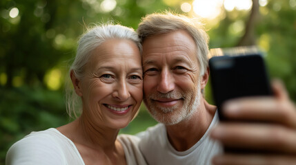 Obraz premium Happy active mid-aged couple taking selfie in park or in nature outdoors, love togetherness and active seniors vitality concept, under soft natural light highlighting joy and conne