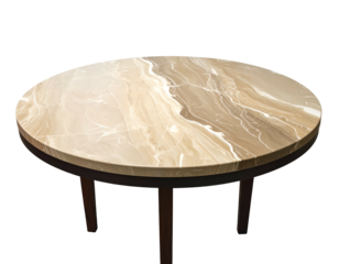 A circular table made of marble and wood, presented against a black backdrop