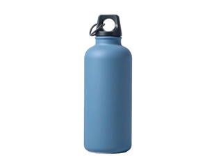 A tall, blue metal water bottle with a black lid and carrying loop against black background