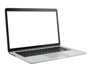 Angled view of a closed, silver laptop with blank screen against a transparent background