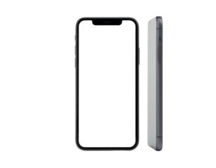 Modern black smartphone presented frontally and in profile against a solid black backdrop