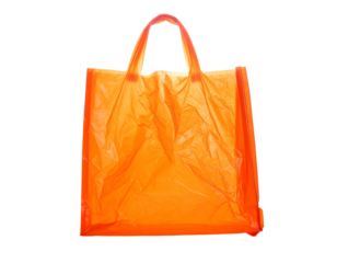 A transparent, orange tote bag with handles, isolated on a black background