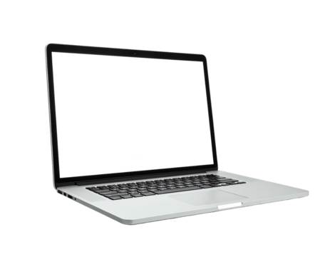 Silver laptop computer, screen open, on a transparent background, side view