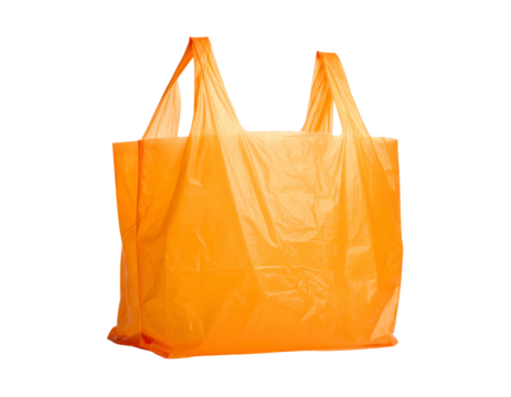 Close-up of a bright orange plastic shopping bag, isolated with a black background