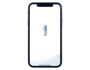 A mobile phone displays a centered animated pill against a white and light blue background