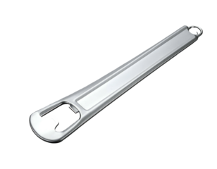 Polished metallic bottle opener with a sleek, rectangular design and a ring for hanging