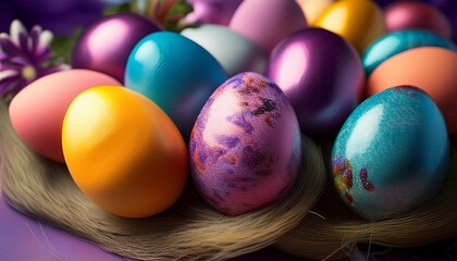 Naklejka premium Colorful Easter Eggs Displayed In A Creative Arrangement For Spring Celebrations And Festive Gatherings