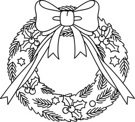 Classic christmas wreath with holly berries and a festive bow coloring page