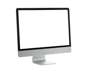 Modern computer, with a sleek silver frame and a bright white screen, on a black background