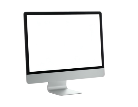 Modern computer, with a sleek silver frame and a bright white screen, on a black background