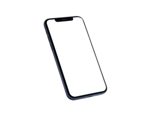 A modern smartphone with a white screen floating on a dark background