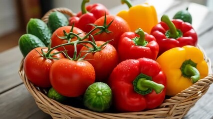 A woven basket brimming with fresh produce. Tomatoes, peppers, and cucumbers create a vibrant display - Powered by Adobe