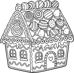 Detailed outline of a whimsical gingerbread house adorned with festive candies and sweets