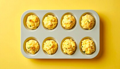 Yellow fluffy egg bites in a gray muffin tin on a vibrant yellow background