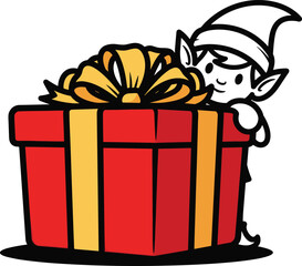 Cute christmas elf peeking over a large red gift box tied with a yellow ribbon