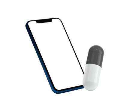 Blue smartphone leans against a gray-and-white capsule on a stark, black background