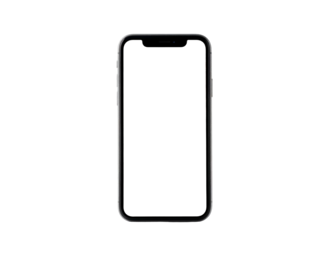 A modern smartphone, black screen facing forward, framed against a stark, pure black background