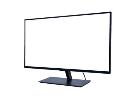 Modern black computer monitor with a blank white screen, isolated on a dark background