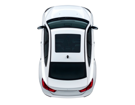 Overhead view of a white sedan featuring a panoramic sunroof against a black background