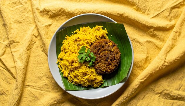 Yellow rice and brown cutlet served on banana leaf, garnished with cilantro on crumpled yellow fabric background