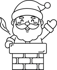 Friendly santa claus peeking over a brick chimney holding a quill pen