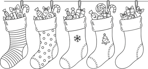 Five festive christmas stockings filled with presents ready for holiday cheer and anticipation