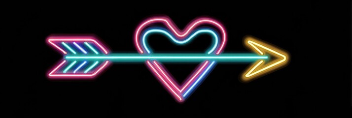 Bright neon heart and arrow design glowing on a black background, perfect for themes of love, romance, and celebration. The colors create an energetic vibe.