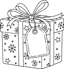 Hand drawn black and white illustration of a festive gift box with snowflakes and a blank tag