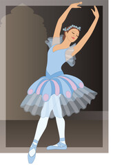 Fototapeta premium dance ballet, classical ballerina performing the croise devant position including a twilit abstract background of grey