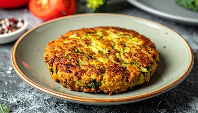 Golden brown fried vegetable patty with broccoli on a grey plate on a dark stone background - Powered by Adobe