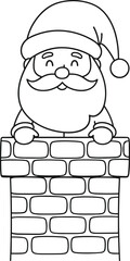 Joyful santa claus peeking over a brick chimney ready for christmas eve deliveries
