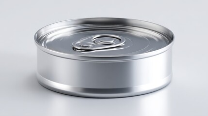 A silver metal can lies flat on a light gray surface. Its shiny smooth exterior reflects light and the pull tab is visible indicating it can be easily opened for contents inside.