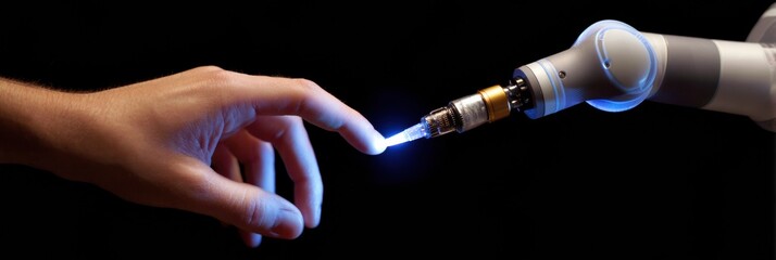 A human hand reaches out to connect with a robotic hand emitting blue light, showcasing the blend of human skill and advanced technology in a dark setting.