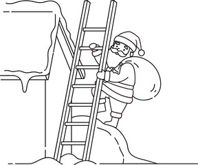 Santa claus climbing a ladder to a snowy rooftop with a sack of presents