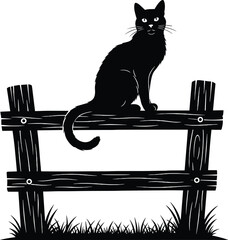 Silhouette of a black cat perched regally atop a rustic wooden fence at night