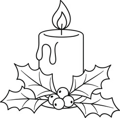 Simple line art christmas candle surrounded by holly leaves and berries