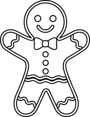 Simple outline drawing of a happy gingerbread man cookie with buttons and bow tie