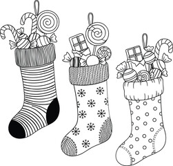 Three festive christmas stockings overflowing with candy and gifts in a charming line drawing