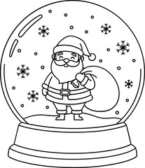 Whimsical black and white illustration of santa claus inside a snow globe with falling snowflakes
