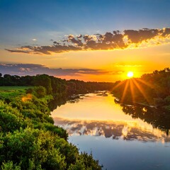 Obraz premium River reflects the golden sunset, framed by lush green trees