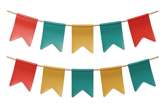 Colorful pennant banners strung together, creating a festive and celebratory atmosphere.