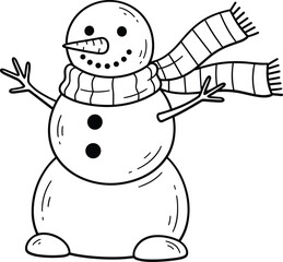 Whimsical hand drawn snowman illustration wearing a striped scarf and mittens