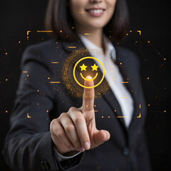 Businesswoman pressing smiley face touch screen and Business Service Satisfaction concept