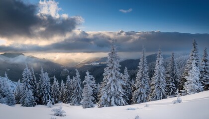 Naklejka premium Christmas Trees Covered With Frost And Snow In The Mountains Against A Cloudy Sky
