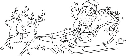 Whimsical line drawing of santa claus in his sleigh pulled by reindeer on a snowy night