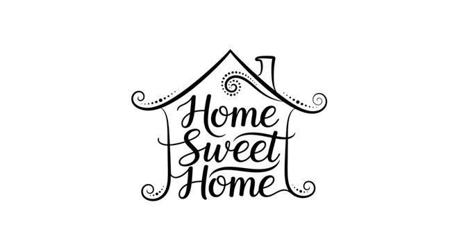 Elegant Home Sweet Home Calligraphy Design with Decorative House Outline.
