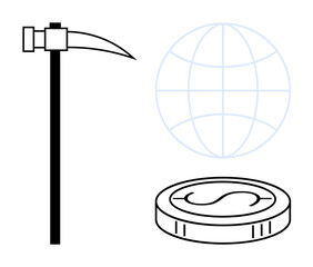 Pickaxe, digital currency coin, and global network grid highlight cryptocurrency mining, blockchain technology, and global economy. Ideal for finance, technology, investment, innovation security